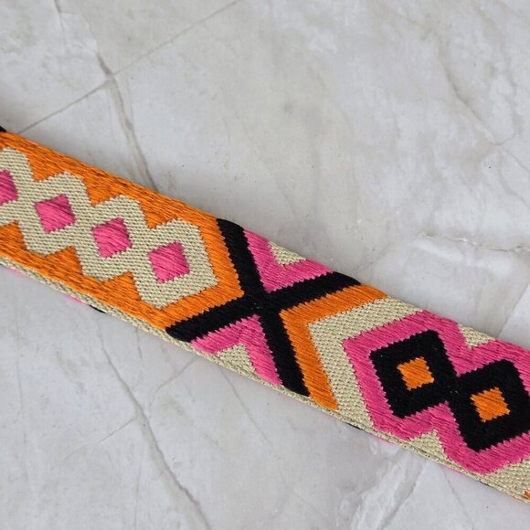 Long Adjustable Woven Purse Strap Cream Pink Orange Black Geometric Pattern - Picture 4 of 8